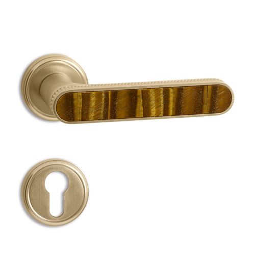 KRONE JL OT Door Lever Handle on rose - Insert Tiger Eye Stone with Satin Champagne Gold Plated Finish