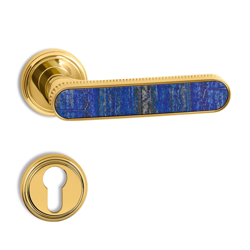 KRONE JL LP Door Lever Handle on rose - Insert Lapislazuli Stone with Polished brass Finish