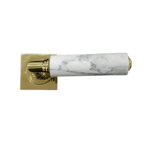 KIKKA Marble (Square) Lever Door Handle - White Calacatta/Polished Brass Finish