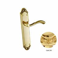 Door lever handle set on plate with yal