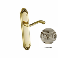 Door lever handle set on plate with yal