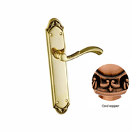 Door lever handle set on plate with yal