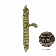Door lever handle set on plate with yal