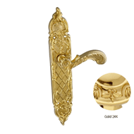 Door lever handle set on plate with yal