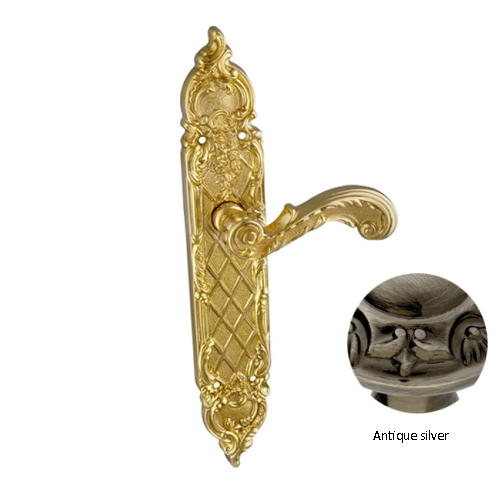 Door lever handle set on plate with yal