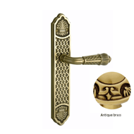 Door lever handle set on plate with yal