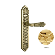 Door lever handle set on plate with yal