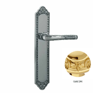 Door lever handle set on plate with yal