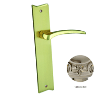 Door lever handle set on plate with yal