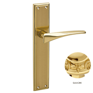 Door lever handle set on plate with yal