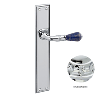 Door lever handle set on plate with lap