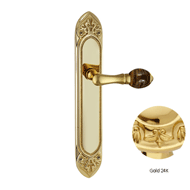 Door lever handle on plate with yale ke